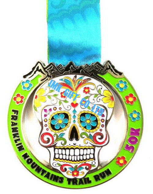 Metals with ribbon , Custom Design Skull Shape with Flowers Plated Gold medal ,popular medals